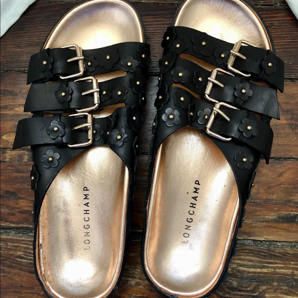 LONGCHAMP Black/Rose Gold Floral Slides